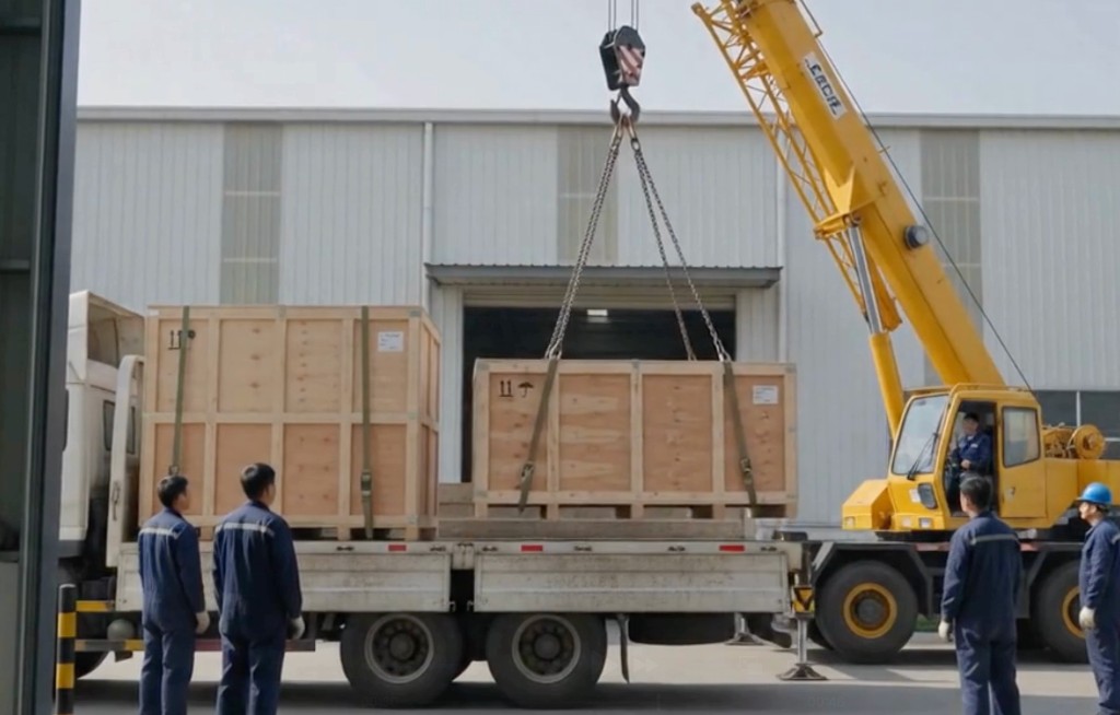 Mobile crane loading a machinery crate onto a truck