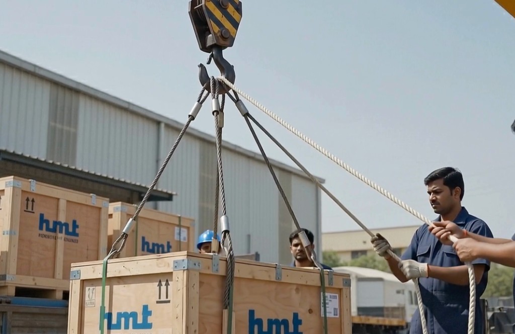 HMT riggers preparing a machinery crate for lifting