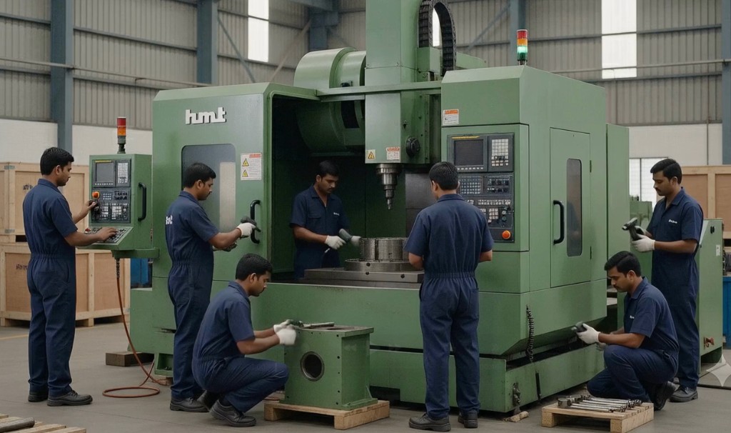 HMT technicians assembling a large machine