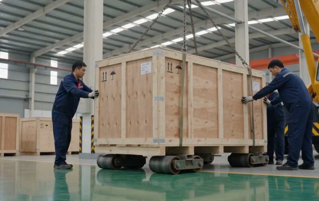 HMT crew moving a machinery crate inside a factory