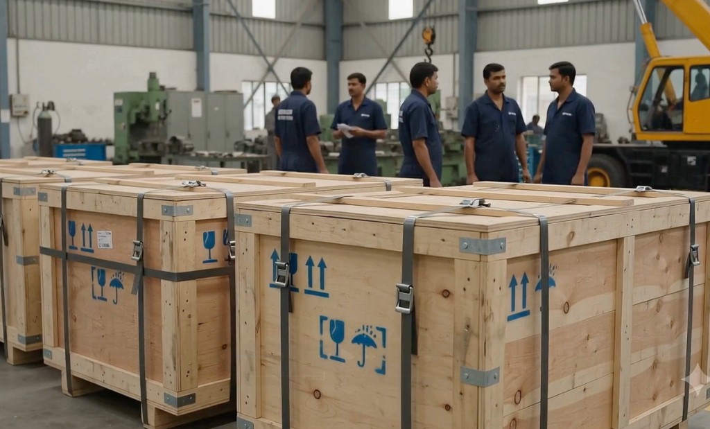 Secured machinery crates ready for transport