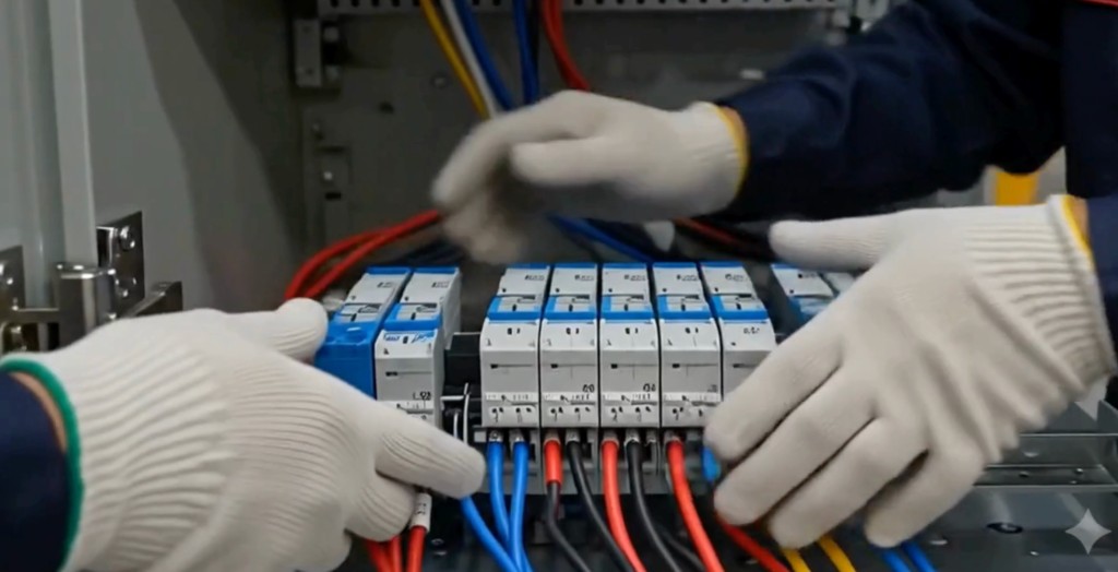 Technicians working in an electrical cabinet