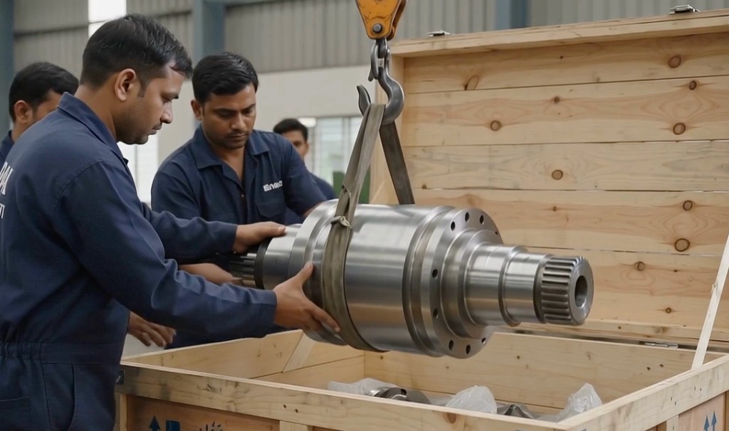 Technicians carefully rigging a precision spindle for crating
